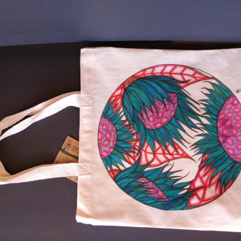 Handmade Reusable Tote Bag with Hand Drawn Green Sunflowers with Red Leaves NWT - Picture 5 of 16